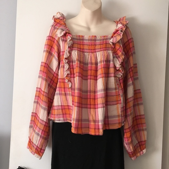 FREE PEOPLE Siena Plaid Pullover Cotton Smocked Ruffle Blouse S - Picture 4 of 9